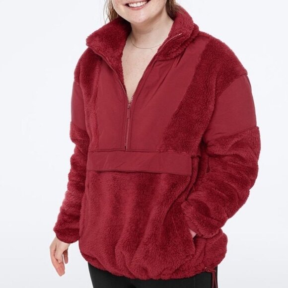 NWT VS PINK Burgundy Sherpa Fleece Half-Zip Pullover Jacket Teddy Cozy - Picture 1 of 10